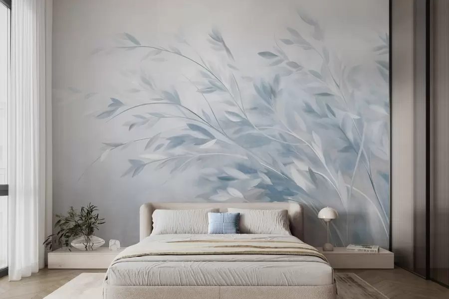 murales de pared Tallos de hierba con textura y hojas, que se mecen suavemente sobre un fondo suave y apagado w09752v1