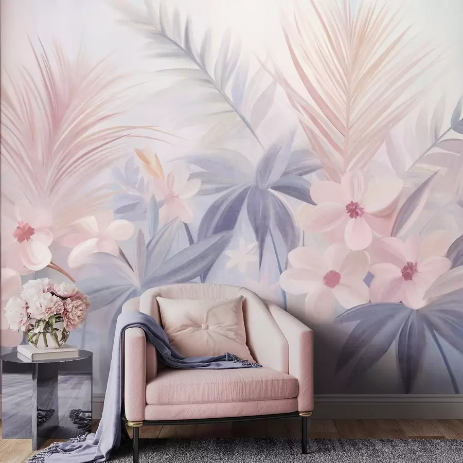 murales de pared Flores tropicales y hojas de palmera en tonos apagados de azul y rosa, estilo pictórico w09832