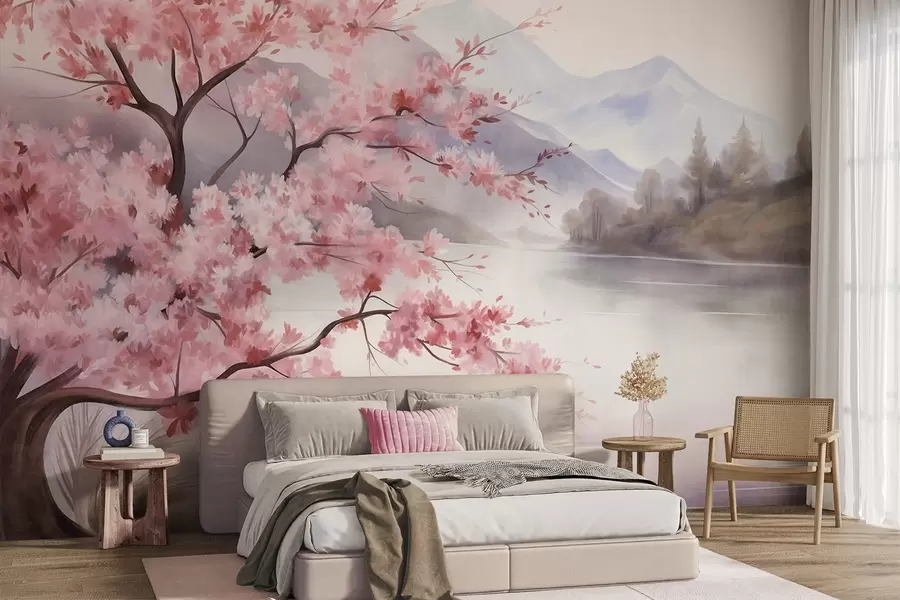 murales de pared Paisaje: un árbol con flores rosas, un lago y montañas envueltas en niebla al fondo w09870