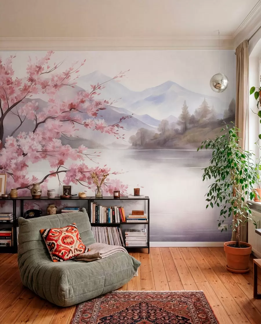 murales de pared Paisaje: un árbol con flores rosas, un lago y montañas envueltas en niebla al fondo w09870