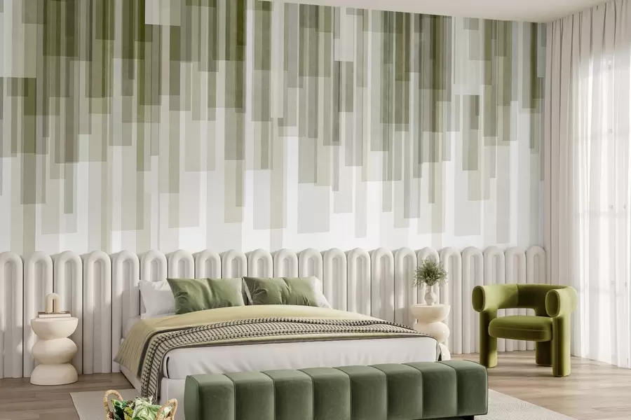 murales de pared Rectángulos verticales con textura, de diversa transparencia y en distintos tonos de verde; arte abstracto w09889