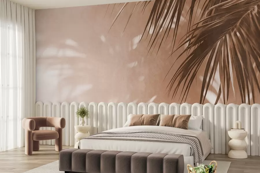 murales de pared Hojas de palmera con textura y sombras, un ambiente tropical, minimalismo w09890