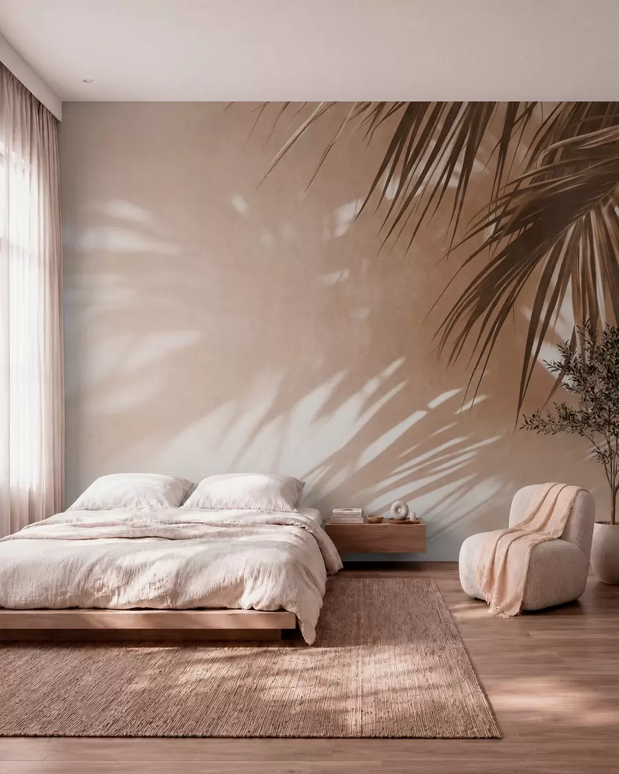 murales de pared Hojas de palmera con textura y sombras, un ambiente tropical, minimalismo w09890