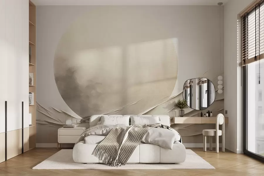 murales de pared Formas abstractas, onduladas y de color crema con una gran esfera pálida; arte moderno minimalista w09895