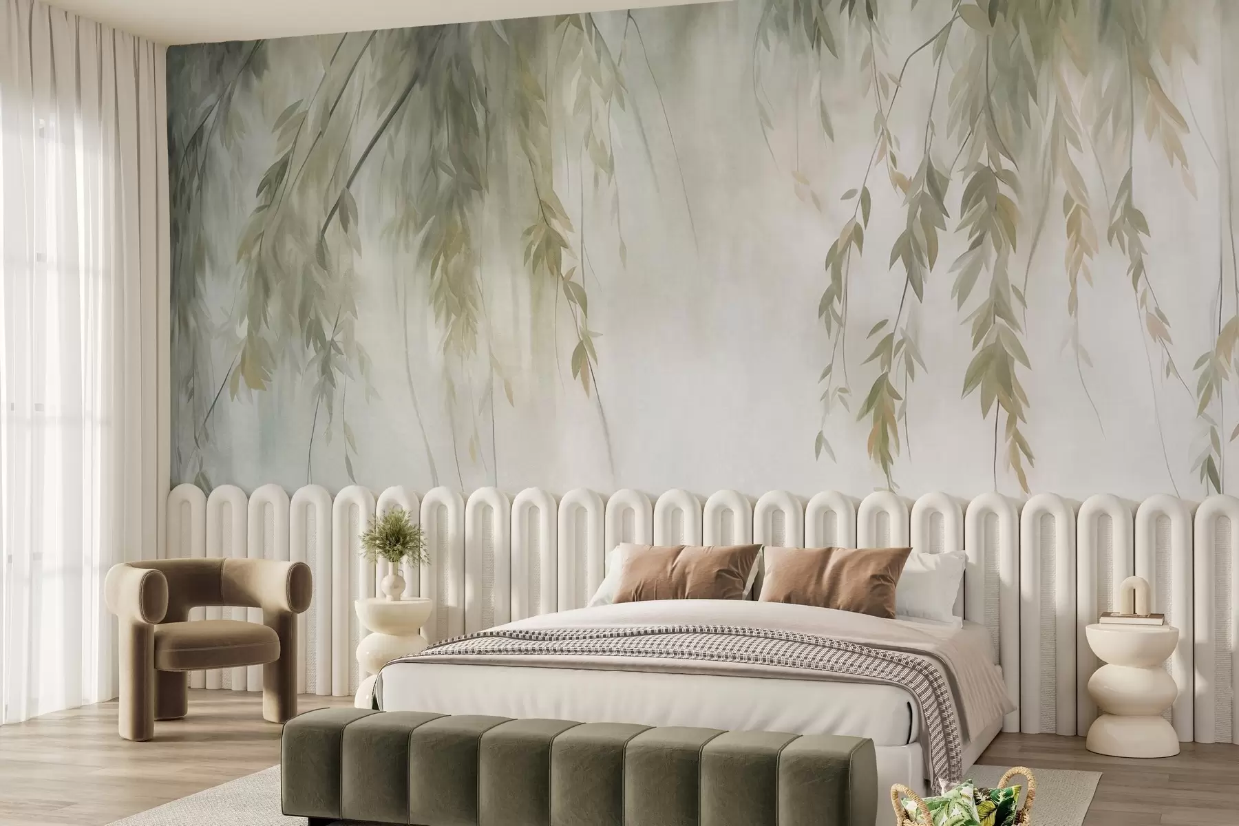 murales de pared Ramas de sauce con hojas de color verde pálido que cuelgan sobre un fondo tenue, al estilo de la acuarela w09893