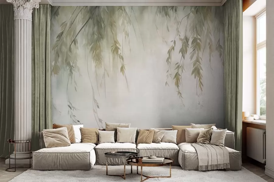 murales de pared Ramas de sauce con hojas de color verde pálido que cuelgan sobre un fondo tenue, al estilo de la acuarela w09893