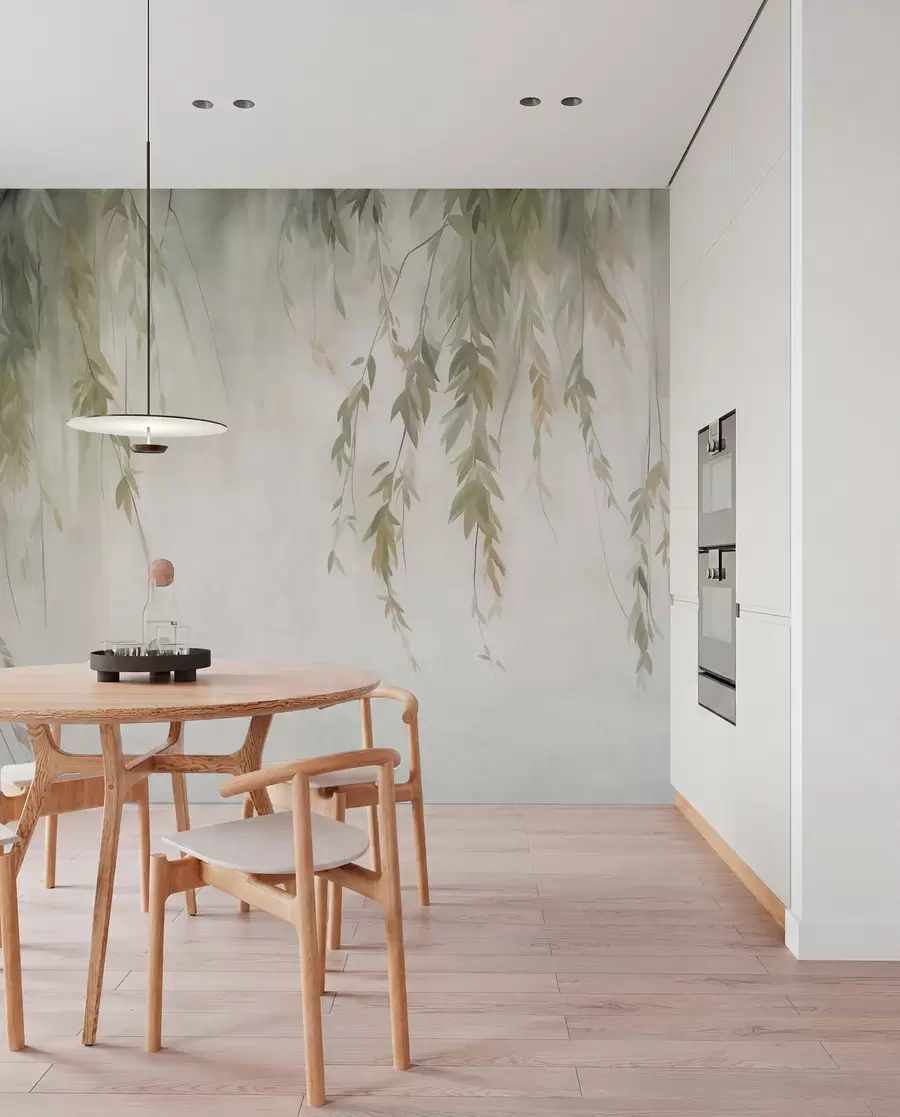 murales de pared Ramas de sauce con hojas de color verde pálido que cuelgan sobre un fondo tenue, al estilo de la acuarela w09893
