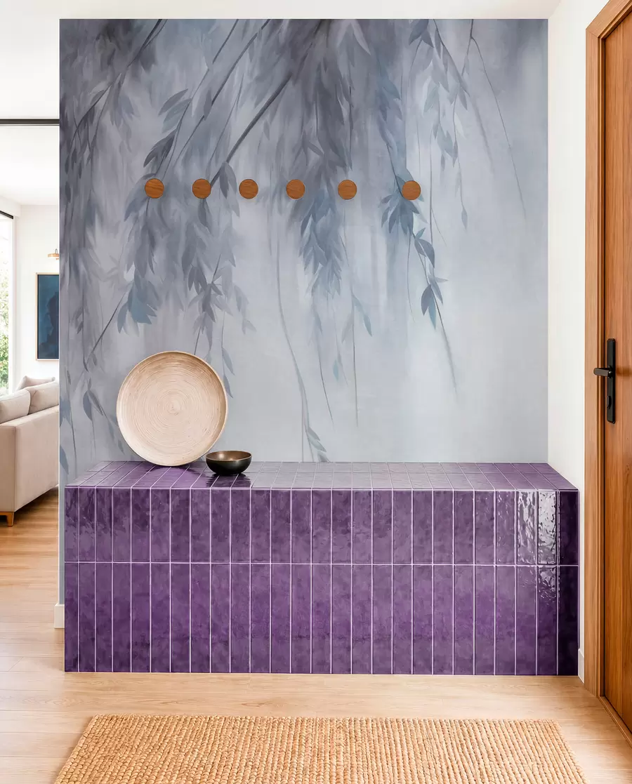 murales de pared Ramas de sauce con hojas de color azul pálido que cuelgan sobre un fondo tenue, al estilo de una acuarela w09893v2