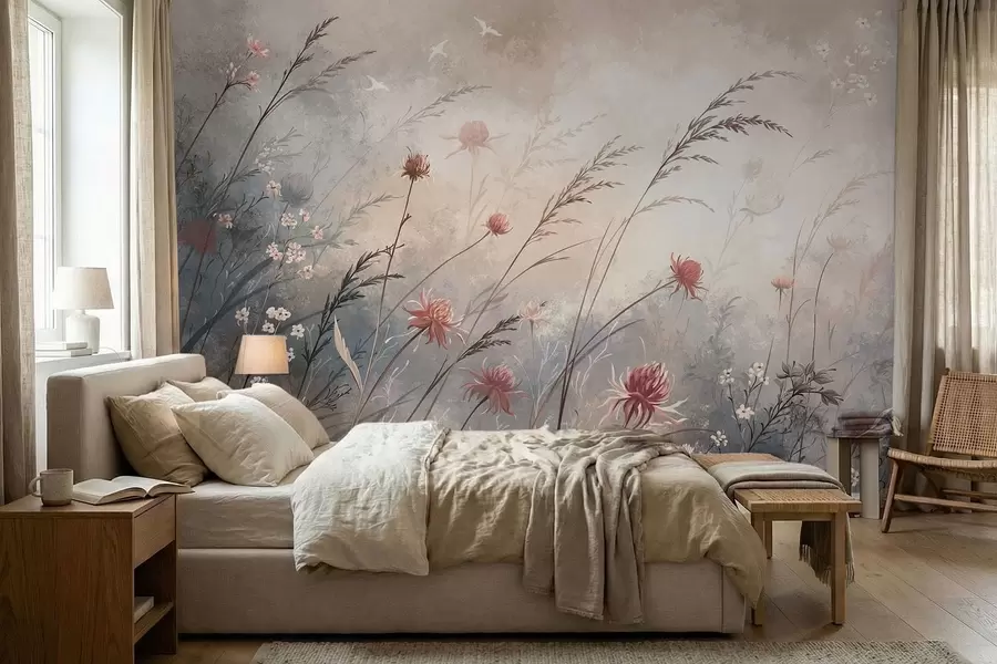 murales de pared Delicadas flores silvestres en un paisaje brumoso en tonos pastel w05538