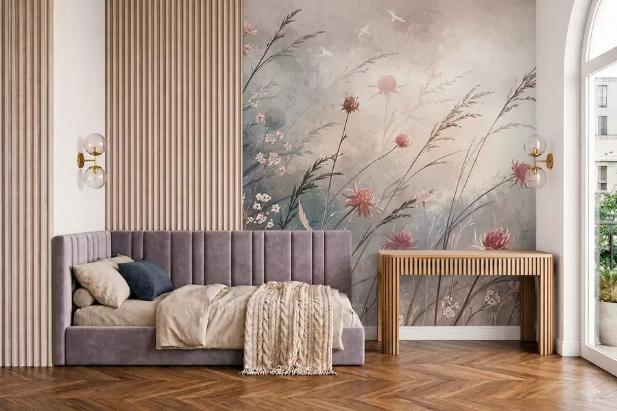 murales de pared Delicadas flores silvestres en un paisaje brumoso en tonos pastel w05538