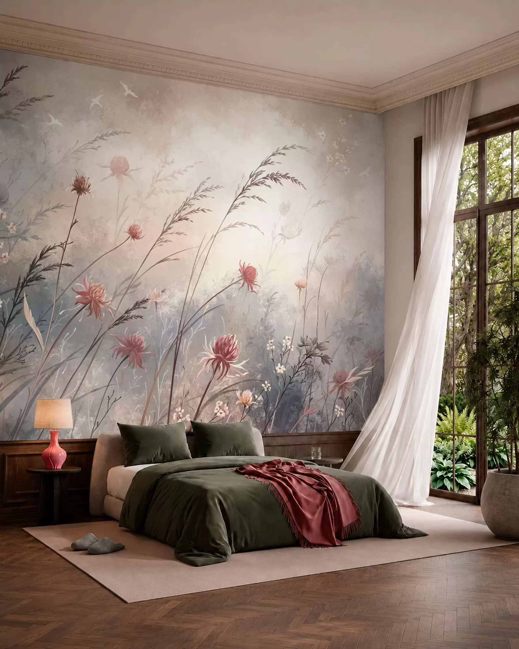murales de pared Delicadas flores silvestres en un paisaje brumoso en tonos pastel w05538