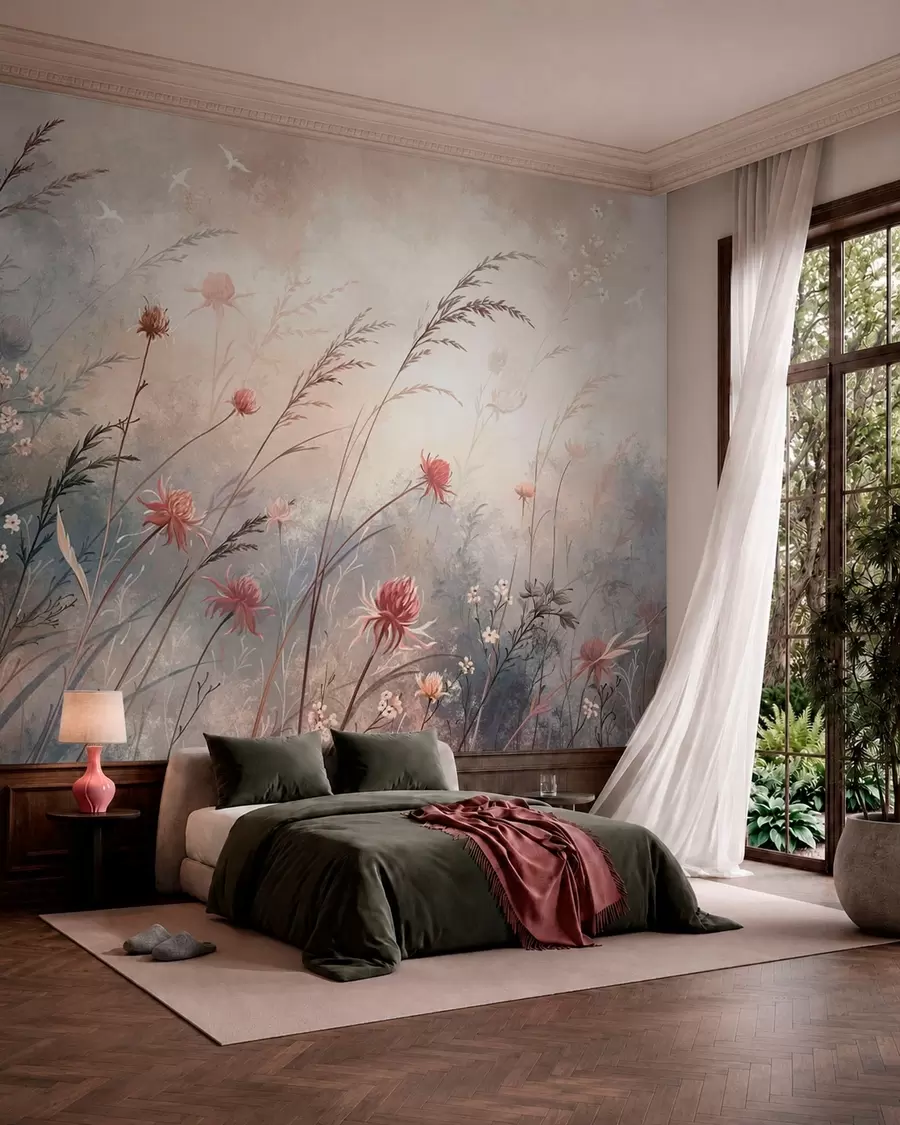 murales de pared Delicadas flores silvestres en un paisaje brumoso en tonos pastel w05538