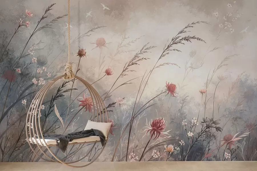 murales de pared Delicadas flores silvestres en un paisaje brumoso en tonos pastel w05538