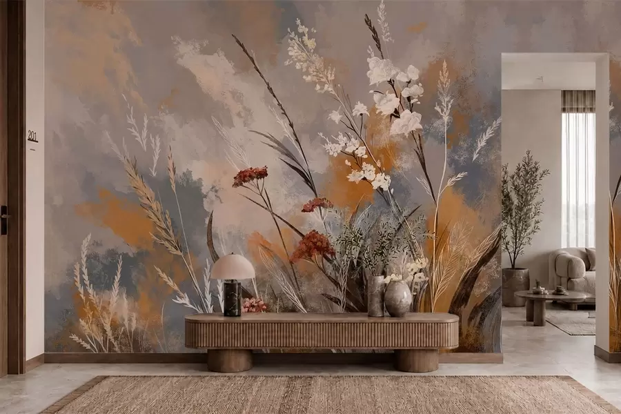 murales de pared Plantas de pradera en tonos naturales cálidos w05539