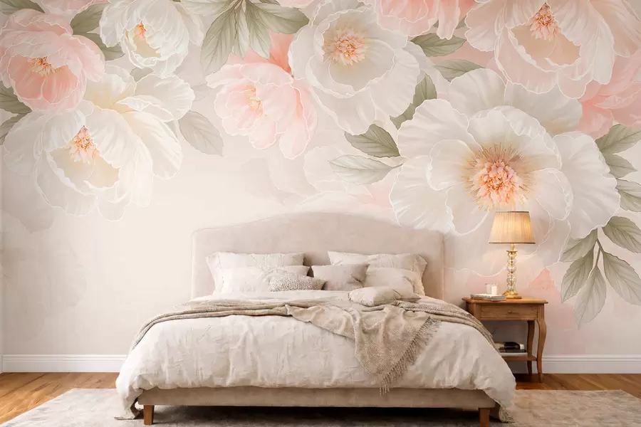 murales de pared Flores grandes y delicadas en tonos rosa y crema w05540