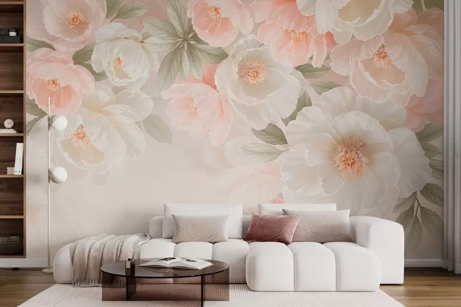 murales de pared Flores grandes y delicadas en tonos rosa y crema w05540