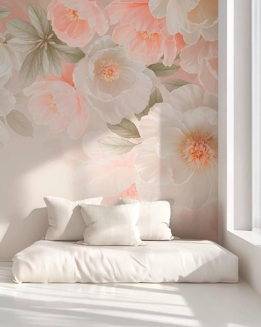 murales de pared Flores grandes y delicadas en tonos rosa y crema w05540
