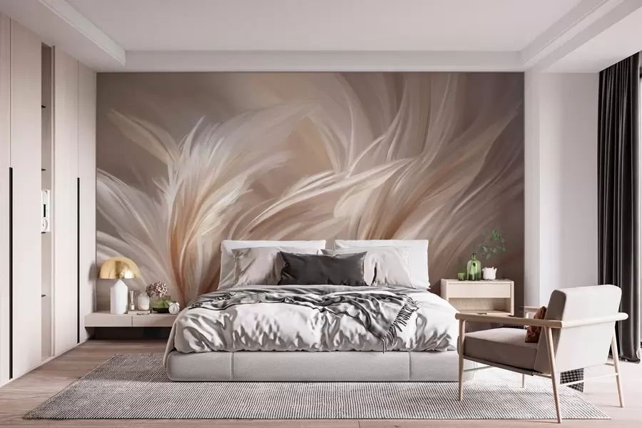 murales de pared Elegantes plumas en tonos beige y marrón w05658
