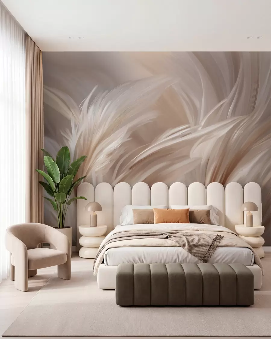 murales de pared Elegantes plumas en tonos beige y marrón w05658