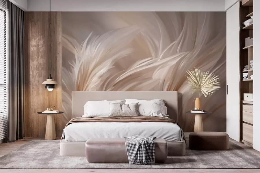 murales de pared Elegantes plumas en tonos beige y marrón w05658