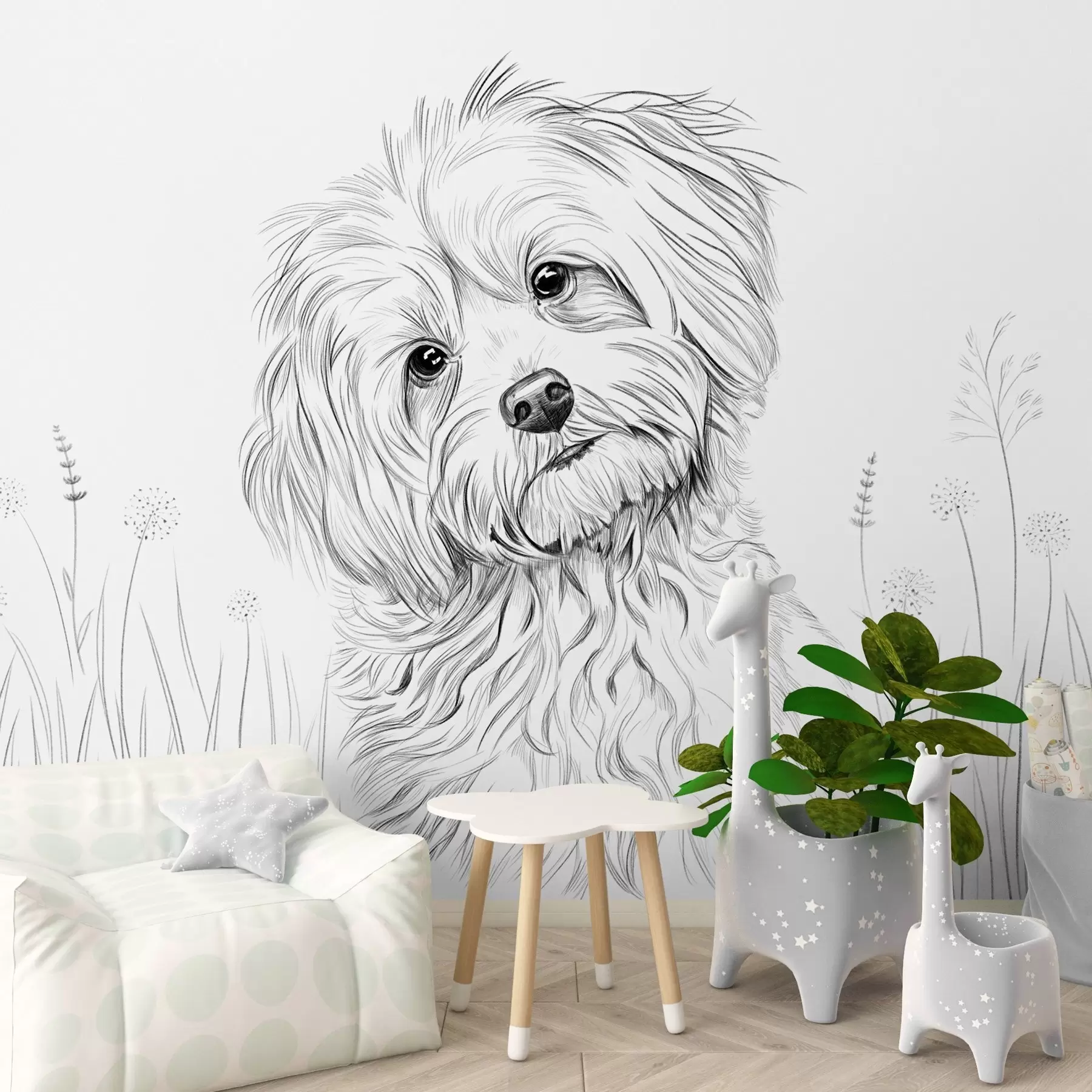 murales de pared Un bonito dibujo de un perro en la hierba w05656