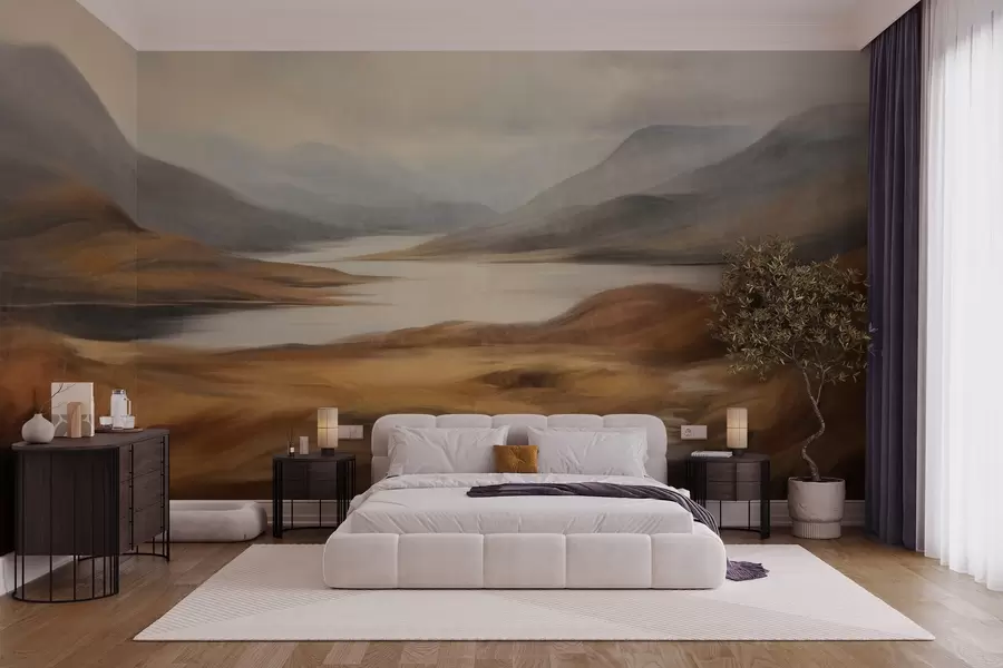 murales de pared Paisaje con relieve, un lago rodeado de colinas y montañas bajo un cielo nublado con hierba seca w09756