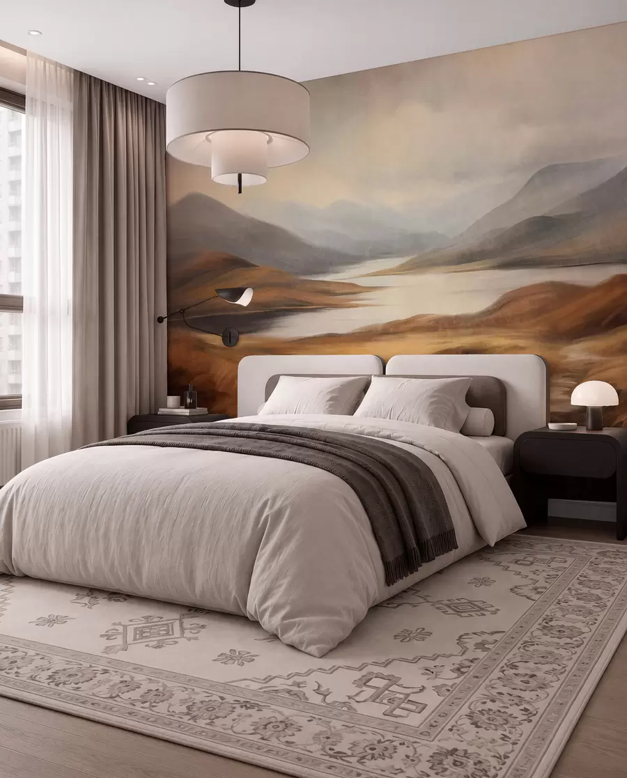 murales de pared Paisaje con relieve, un lago rodeado de colinas y montañas bajo un cielo nublado con hierba seca w09756