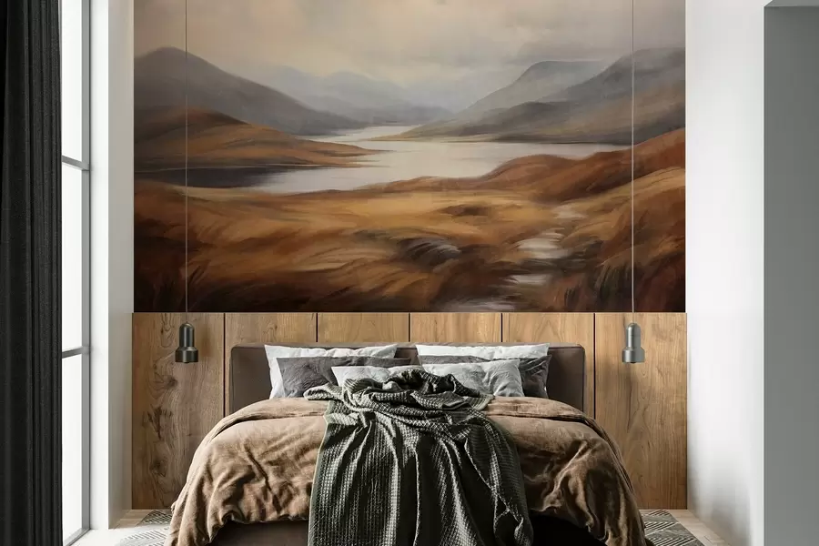 murales de pared Paisaje con relieve, un lago rodeado de colinas y montañas bajo un cielo nublado con hierba seca w09756