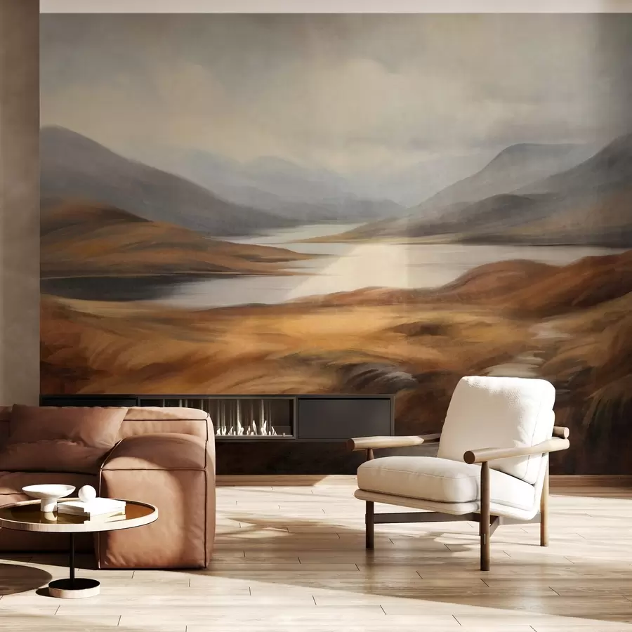 murales de pared Paisaje con relieve, un lago rodeado de colinas y montañas bajo un cielo nublado con hierba seca w09756