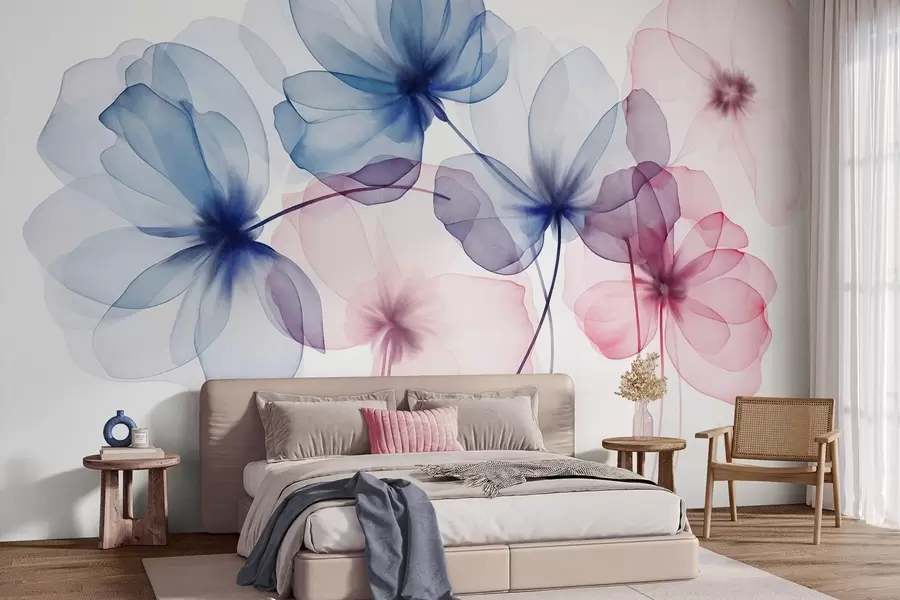 murales de pared Flores azules y rosas con textura translúcida sobre un fondo claro, con delicados pétalos superpuestos w09892