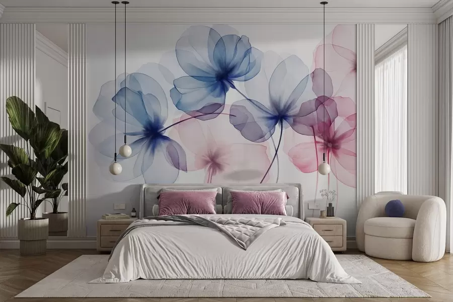 murales de pared Flores azules y rosas con textura translúcida sobre un fondo claro, con delicados pétalos superpuestos w09892
