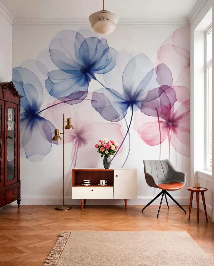 murales de pared Flores azules y rosas con textura translúcida sobre un fondo claro, con delicados pétalos superpuestos w09892