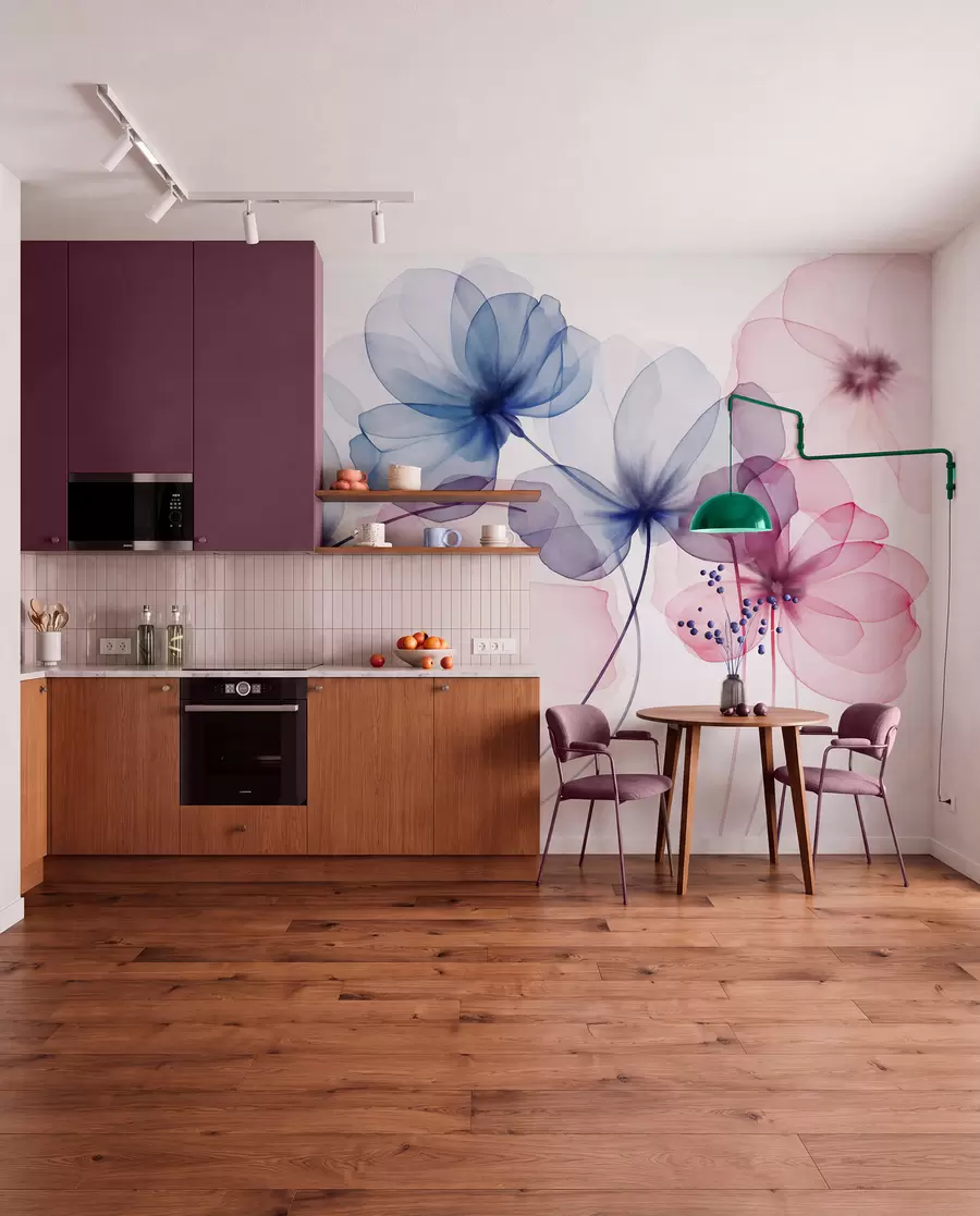 murales de pared Flores azules y rosas con textura translúcida sobre un fondo claro, con delicados pétalos superpuestos w09892