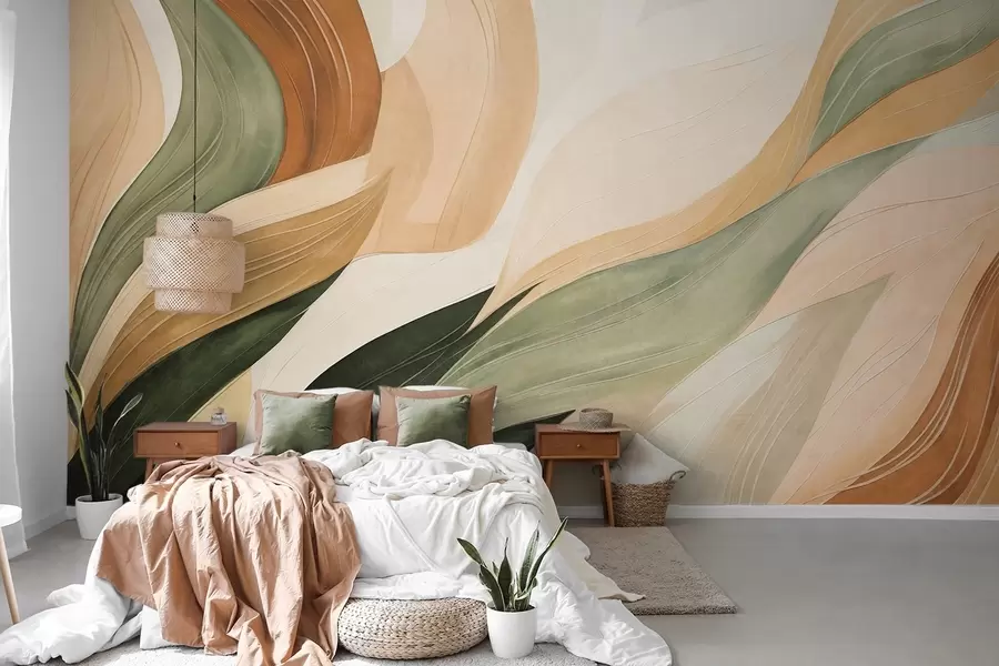 murales de pared Formas orgánicas abstractas en tonos tierra —verde, marrón y beige— con texturas fluidas w09894