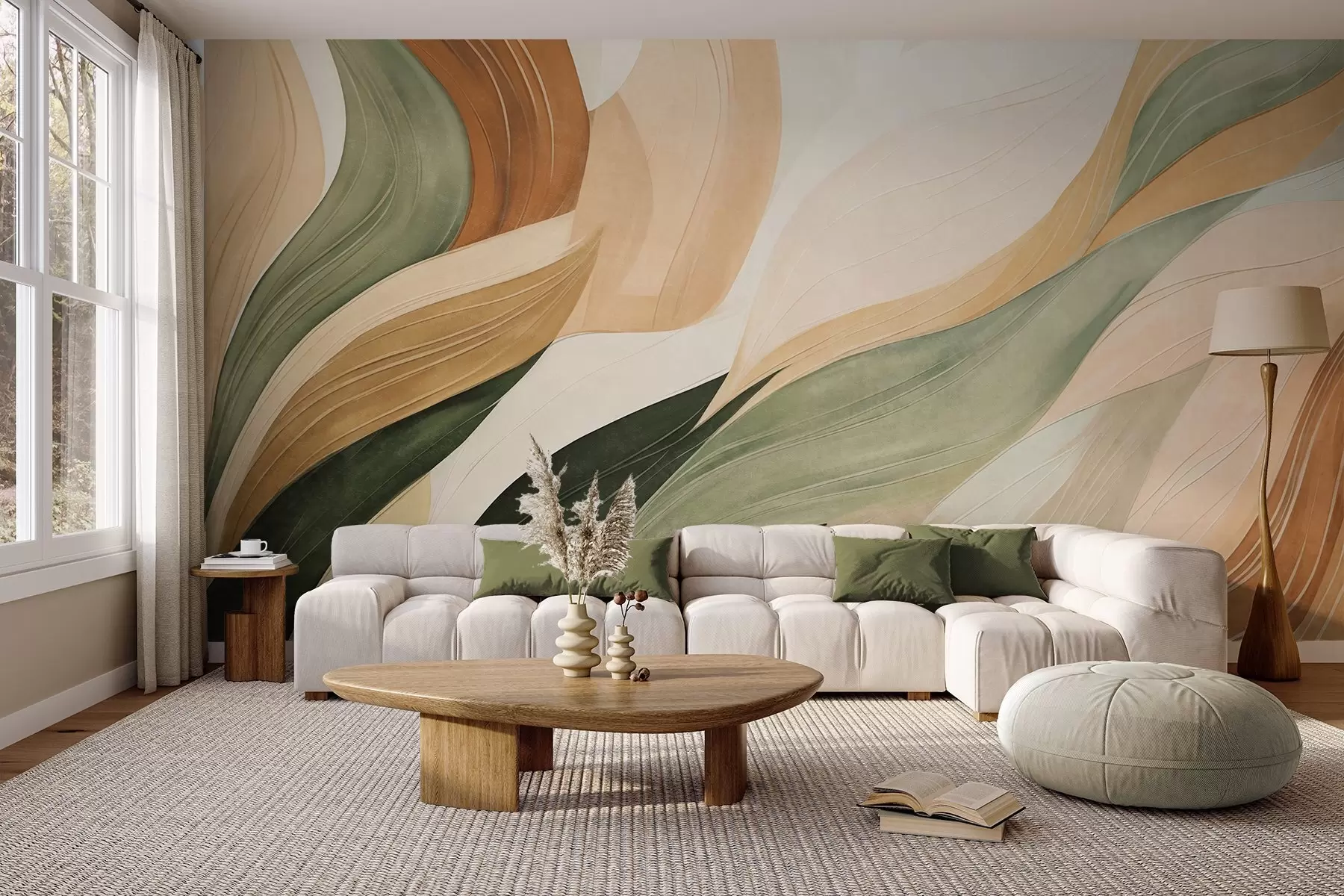 murales de pared Formas orgánicas abstractas en tonos tierra —verde, marrón y beige— con texturas fluidas w09894