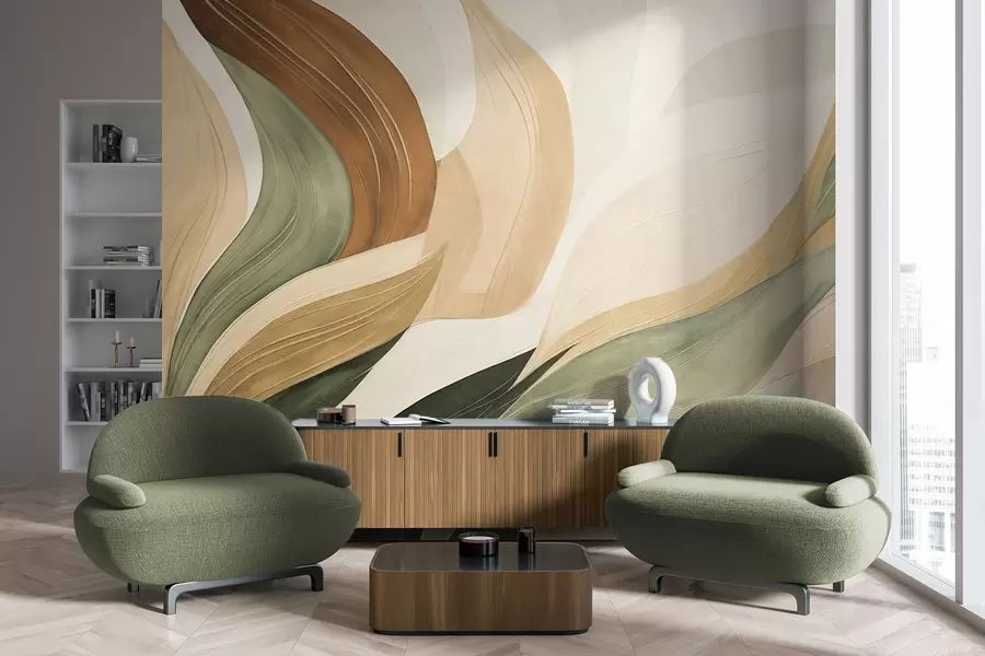 murales de pared Formas orgánicas abstractas en tonos tierra —verde, marrón y beige— con texturas fluidas w09894