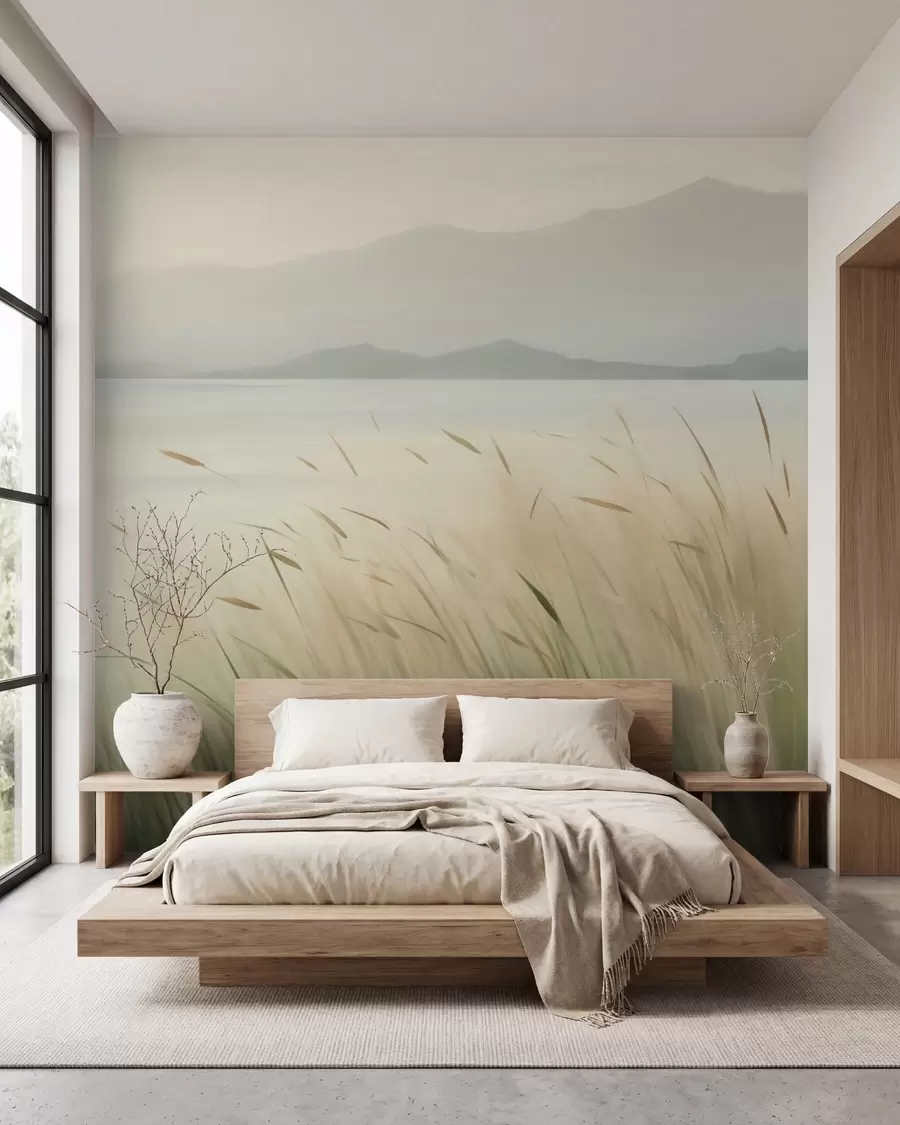 murales de pared Césped junto al lago con las montañas al fondo w05668