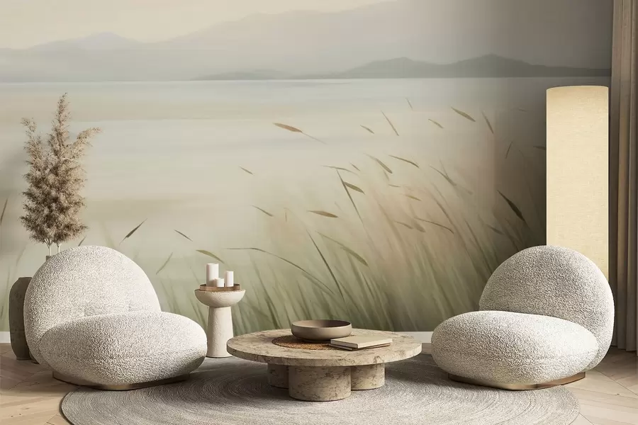 murales de pared Césped junto al lago con las montañas al fondo w05668
