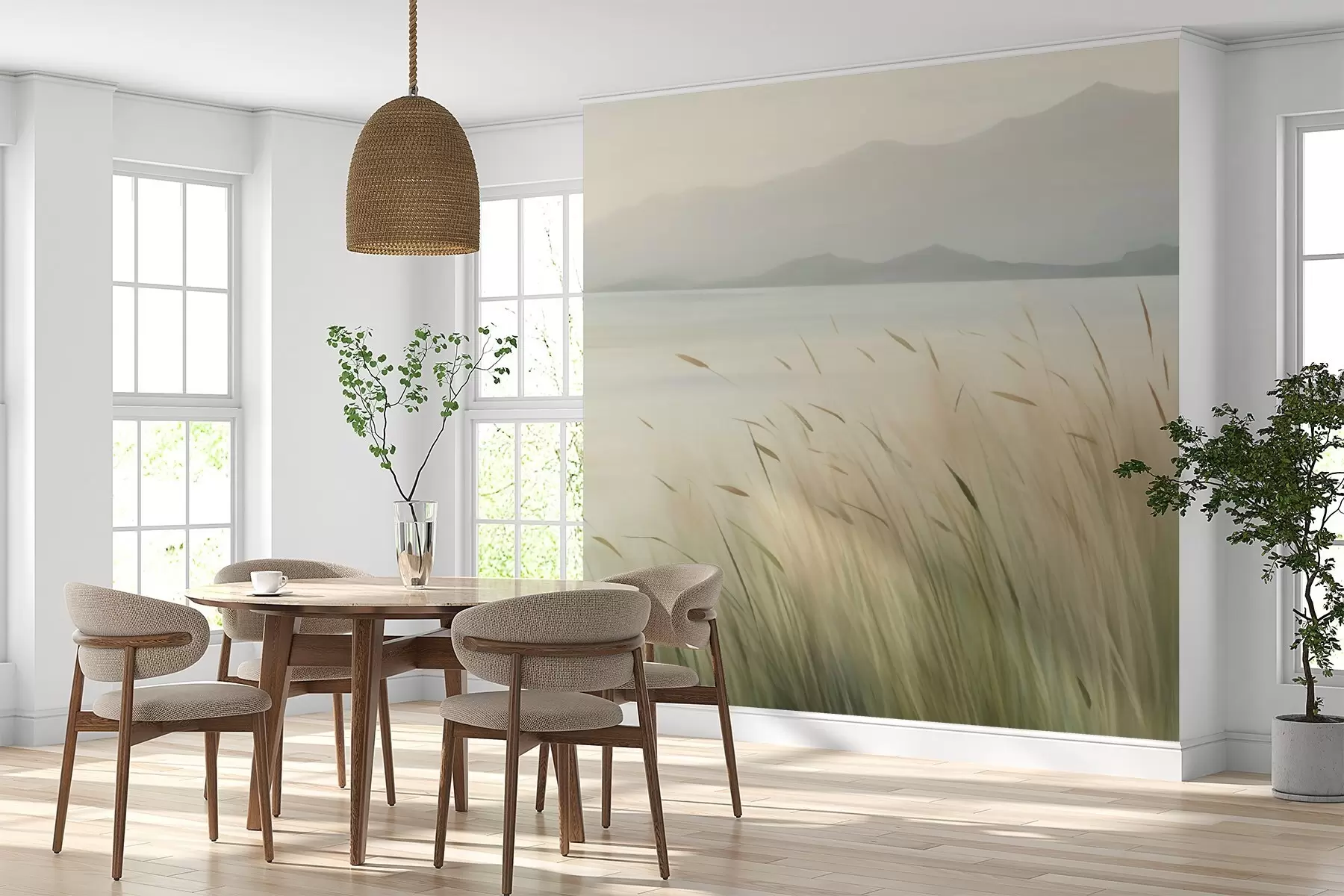 murales de pared Césped junto al lago con las montañas al fondo w05668