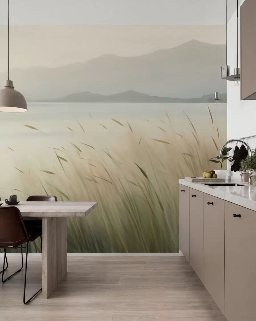 murales de pared Césped junto al lago con las montañas al fondo w05668