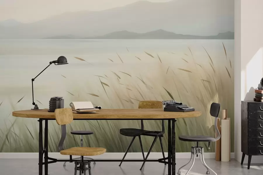 murales de pared Césped junto al lago con las montañas al fondo w05668