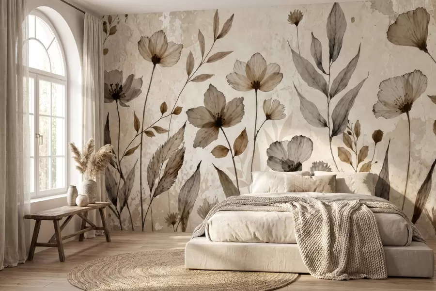 murales de pared Delicadas flores silvestres pintadas en acuarela en una suave paleta de tonos beige y crema w09875