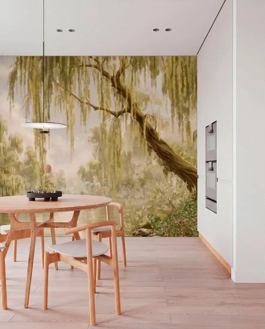 murales de pared Escena soleada con sauces junto a un estanque tranquilo w05631v1