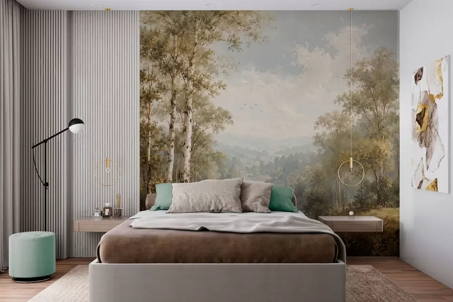 murales de pared Paisaje fluvial luminoso con abedules y nubes w05685
