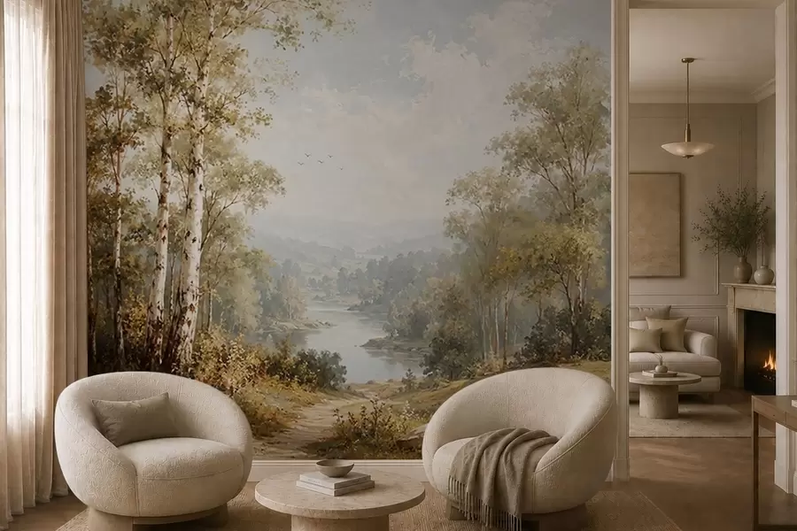murales de pared Paisaje fluvial luminoso con abedules y nubes w05685