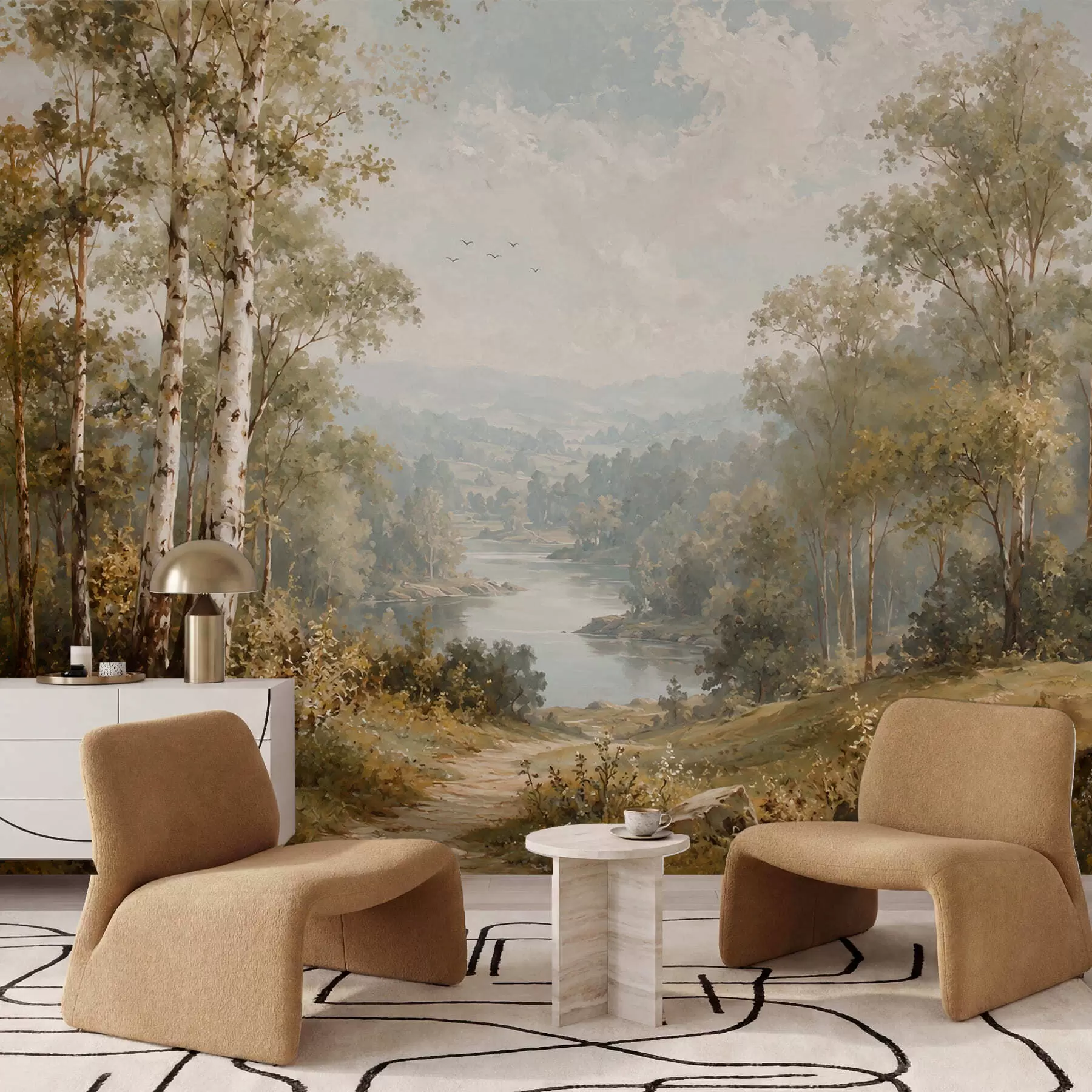 murales de pared Paisaje fluvial luminoso con abedules y nubes w05685