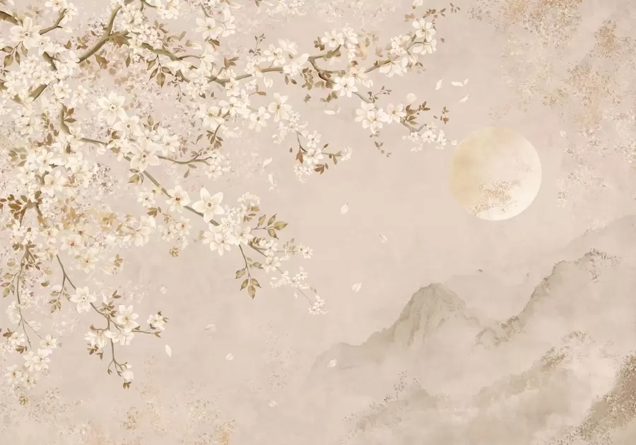 murales de pared Una rama en flor sobre las montañas envueltas en niebla y el sol w05695