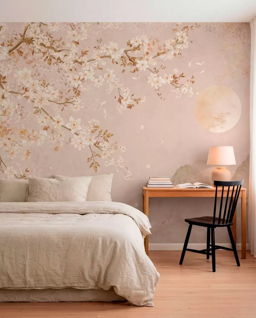 murales de pared Una rama en flor sobre las montañas envueltas en niebla y el sol w05695