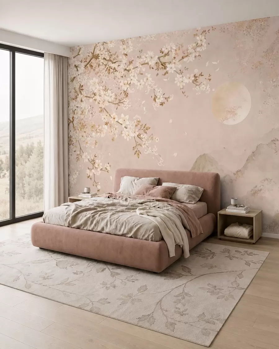 murales de pared Una rama en flor sobre las montañas envueltas en niebla y el sol w05695