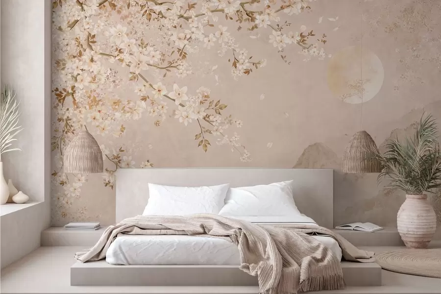 murales de pared Una rama en flor sobre las montañas envueltas en niebla y el sol w05695